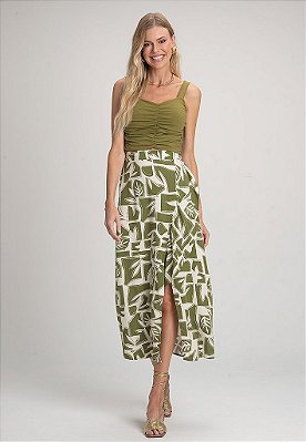 Saia Midi Estampada com Fenda Lateral