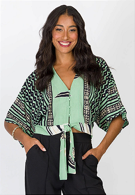 Blusa com estampa verde e bege com Botões e amarração frontal