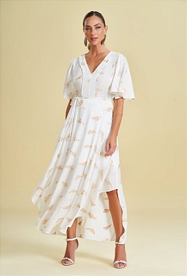 Vestido Longo de Manga Curta em Plano  Viscose Plumas