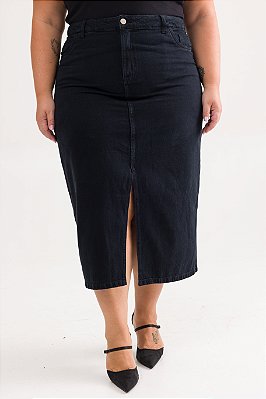 Saia Jeans Midi Plus Size Preta