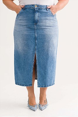Saia Jeans Midi Plus Size Azul