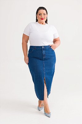 Saia Jeans Midi Plus Size Azul Escura