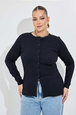 Blusa Daniela Canelada Manga Longa Preta