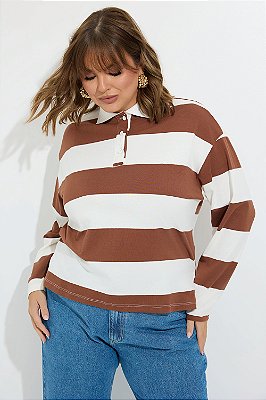 Blusa Polo Manga Longa Listrada Marrom