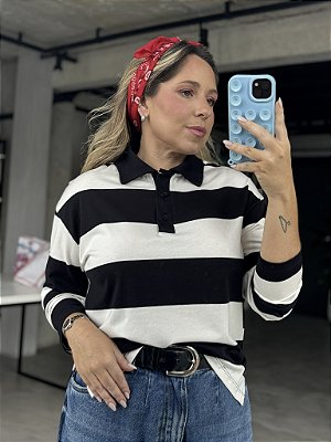 Blusa Polo Manga Longa Maxi Listrada Preta