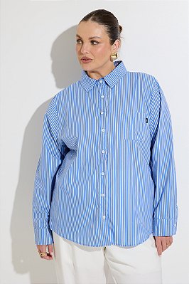 Camisa Tricoline Listrada Azul e Off