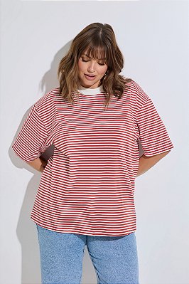 Camiseta Basic Listrada Vermelha e Off White