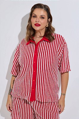 Blusa Polo Tricot Listrado Vermelho