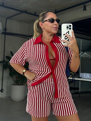 Blusa Polo Tricot Listrado Vermelho