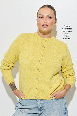 Cardigan Tricot Amarelo Mescla Com Botões Dourados