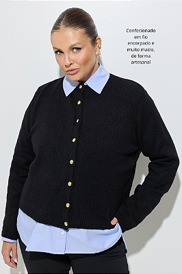 Cardigan Tricot Preto Com Botões Dourados