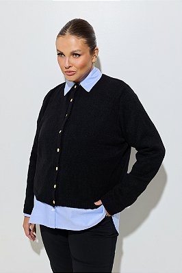 Cardigan Tricot Preto Com Botões Dourados