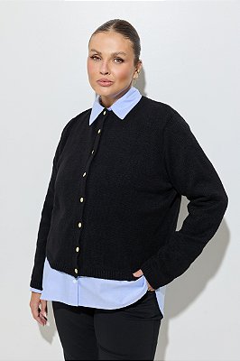 Cardigan Tricot Preto Com Botões Dourados