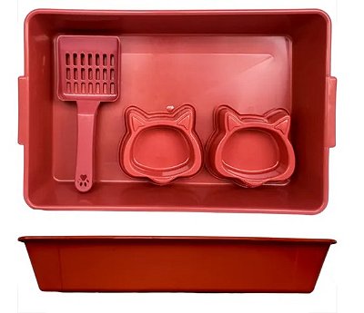 Caixa de Areia + Pá + Comedouro e Bebedouro - Vermelha