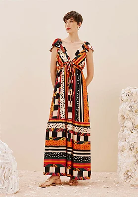 Vestido Longo Decote Túnel Estampado Terra