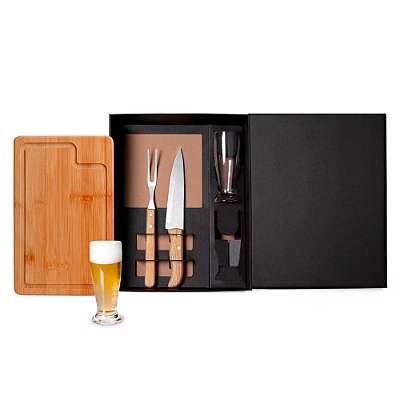 Kit Churrasco Personalizado – Tábua de Bambu, Faca e Garfo de Inox e Copos de Vidro