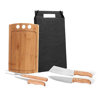 Kit Churrasco e Cozinha Personalizado - Tábua de Eucalipto, Faca e Garfo Inox