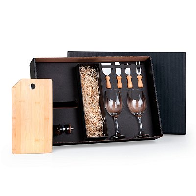 Kit para Queijos e Vinhos Personalizado com Tábua em Bambu e Taças em Vidro