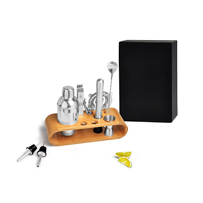 Kit Personalizado Acessórios para Bar com Base em Bambu e Coqueteleira em Aço Inox