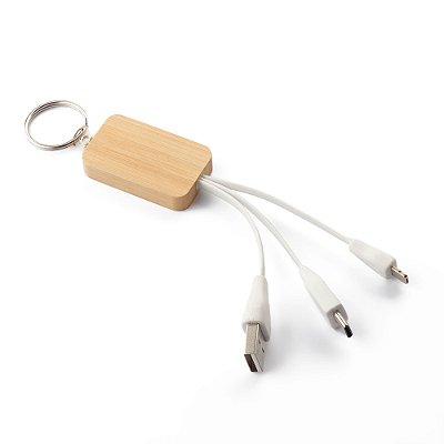 Cabo USB Personalizado com Chaveiro de Bambu – USB-A, Lightning e Tipo-C