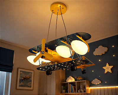 Pendente Avião Infantil Com 4 Globos De Vidro Lustre Decorativo Temático Para Quarto de Menino, Bebê e Criança