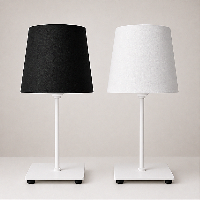 Abajur de Mesa Moderno Branco Fosco com Cúpula em Tecido Branco/Preto para Quarto Sala Escritório e Home Office