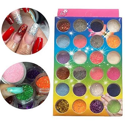 Kit 24 Enfeites Potinhos de Glitter Nail Art Decoração Unhas Encapsuladas