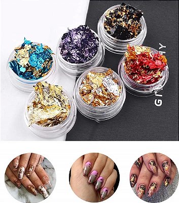 Kit 12 Potinhos Folhas De Ouro Colorida Decoração de Unhas Encapsulamento