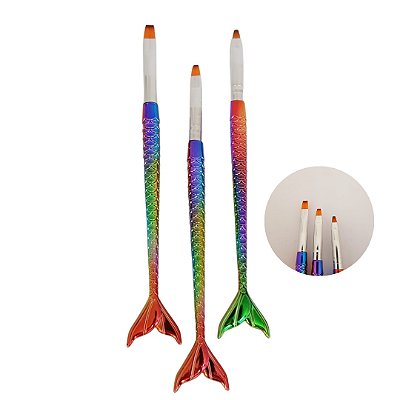 Kit 3 Pincéis Cauda de Sereia Para Unhas De Gel e Acrigel