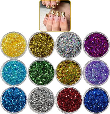 Kit 12 Glitter Nail Art Decoração de Unhas Postiças Realista Acrigel Uv Led