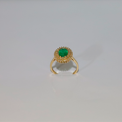Anel de Esmeralda em Ouro 18k Cravejado com Diamantes, Lapidação Oval