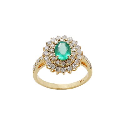 Anel de Esmeralda em Ouro 18k Cravejado com Diamantes, Lapidação oval