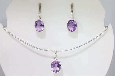 Brincos e Pingente em Prata  com ametista natural