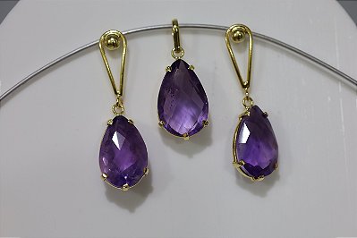 Brincos e Pingente em Prata banhado a ouro com Ametista natural