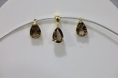 Brincos e Pingente em Prata banhado a ouro com quartzo fume natural