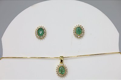 Brincos, Pingente e corrente em prata banhado a ouro com esmeralda natural