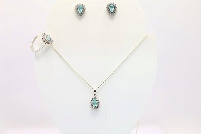 Conjunto Anel, brincos e Pingente em Ouro Branco com Turmalina Paraiba Natural e Diamantes