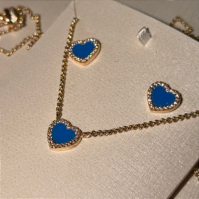 Conjunto Coração Azul banhado em Ouro 18k
