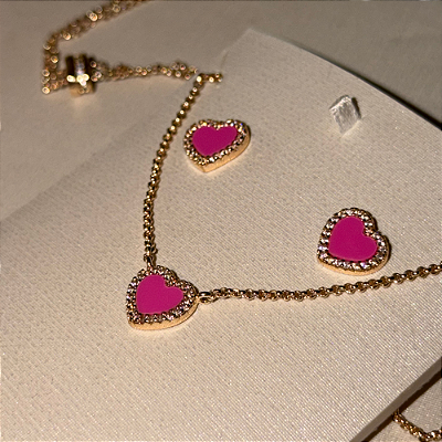 Conjunto Coração Pink banhado em ouro 18k