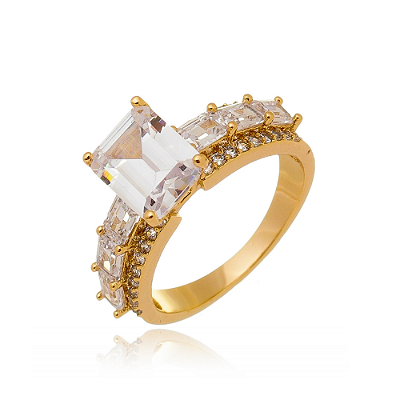 Anel Solitário Luxo com Zircônia Retangular em Corte Esmeralda (aro 20)