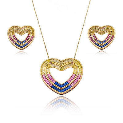 Conjunto de Coração com Zircônias Coloridas