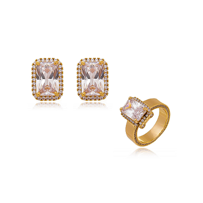 Conjunto Luxo Anel e Brincos Banho Ouro 18k (aro 20)