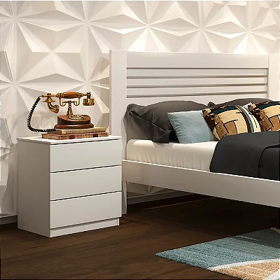 Mesa de Cabeceira 3 Gavetas 45cm Veronna Neve/Branco