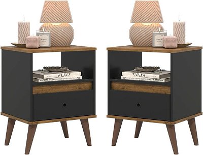 Conjunto 2 mesa de cabeceira retrô pés palitos 1 gaveta luxo -TED- Preto/nature