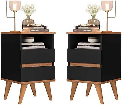 Conjunto Kit 2 Mesa De Cabeceira Retro Quarto Cama -Pop- Off/Nature (Preto/Nature)
