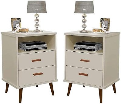 kit Mesas De Cabeceira Retrô Pés Palito Em Madeira Maciça 2 Gavetas e 1 Nicho - Pop - Off White