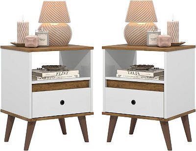 Conjunto 2 mesa de cabeceira retrô pés palitos 1 gaveta luxo -TED- Branco/Nature