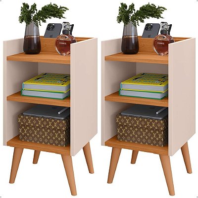 Mesas de Cabeceira Charme Compacta com Pés Retrô Nicho e Prateleira Conjunto com 2 Unidades (Off White/Cinamom