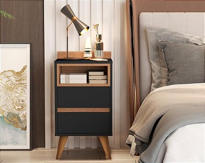Mesa de cabeceira retrô pés em madeira 2 gavetas -Alamo- Preto/nature
