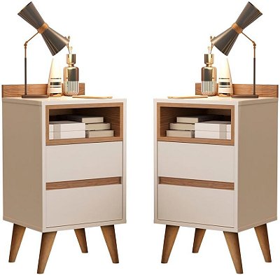 kit Mesas De Cabeceira Retrô Pés Palito Em Madeira Maciça 2 Gavetas e 1 Nicho - Pop - Off White/feijó